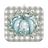 Fall Dish Drying Mat for Kitchen Counter,Buffalo Plaid Blue Pumpkin Pattern Microfiber Drying Mat,Washable Absorbent Kitchen Countertop Harvest Thanksgiving Dish Mat Drain Mat,16x18 Inch
