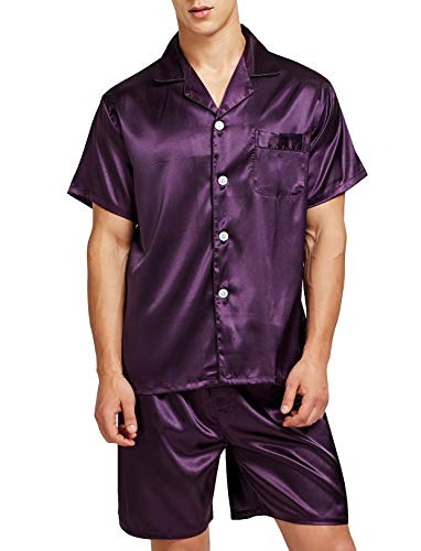 Men's Satin Pajamas Short Button-Down Pj Set Sleepwear Loungewear (Purple, XXL) - Thumbnail 2