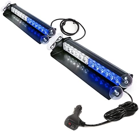 BooYu 2×14.8in LED Dash Emergency Strobe Light Bar 2 in 1 Front/Rear Interior Windshield Visor Deck Flashing Hazard Safety Warning Traffic Advisor Lights for Police Firefighter Vehicle (Blue/White)