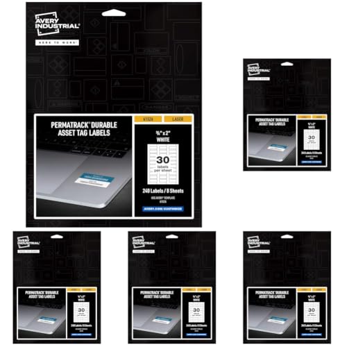 Image of Avery White Asset Tag Labels, 3 /4 inch x 2 inch, Laser Printable Tags, 240 Waterproof Labels (61526) (Pack of 5)