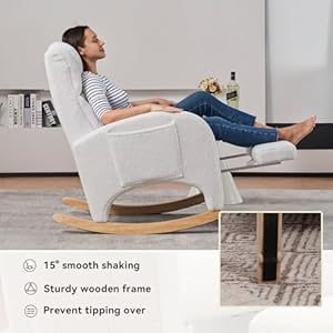 FOXHUNTER Rocking Chair Nursery, Modern Glider Chair with Adjustable Footrest and Solid Wood Legs, High Backrest Nursery Chair with Side Pocket, Rocker Armchair for Living Room Bedroom, Teddy Ivory FOXHUNTER Rocking Chair Nursery Modern Glider Chair with Adjustable Footrest and Solid Wood Legs High Backrest Nursery Chair with Side Pocket Rocker Armchair for Living Room Bedroom Teddy Ivory