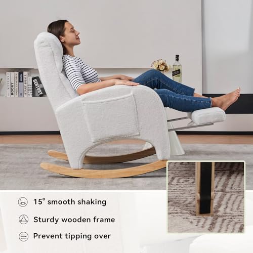 FOXHUNTER-Rocking-Chair-Nursery-Modern-Glider-Chair-with-Adjustable-Footrest-and-Solid-Wood-Legs-High-Backrest-Nursery-Chair-with-Side-Pocket-Rocker-Armchair-for-Living-Room-Bedroom-Teddy-Ivory FOXHUNTER Rocking Chair Nursery Modern Glider Chair with Adjustable Footrest and Solid Wood Legs High Backrest Nursery Chair with Side Pocket Rocker Armchair for Living Room Bedroom Teddy Ivory