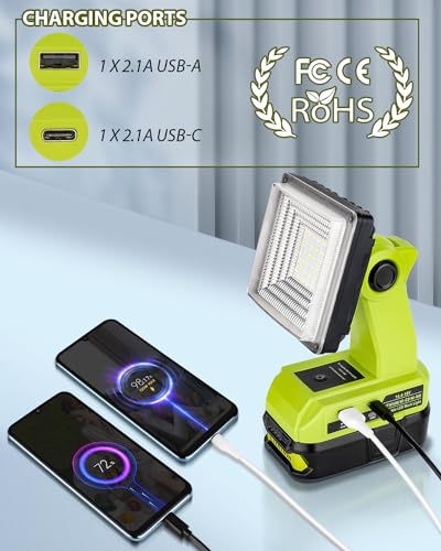 Image of Adisipsoarin Cordless LED Work Light for Ryobi 18V Battery, 25W LED Floodlight with USB-A&USB-C 2.1A Fast Charging Ports for Jobsite, Car Repairing, Camping, Emergency
