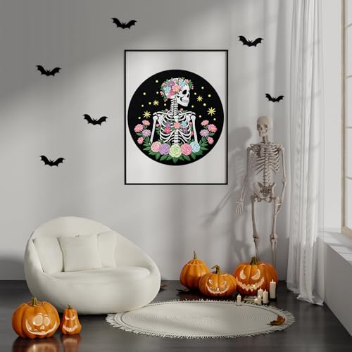 Image of Louise Maelys Halloween Skeleton Floral DIY Embroidery Kit for Beginners | Needlepoint Kit Includes Hoop, Fabric, Threads, Needles and Instructions. Skeleton Floral Rose Design for Cross Stitch Kits