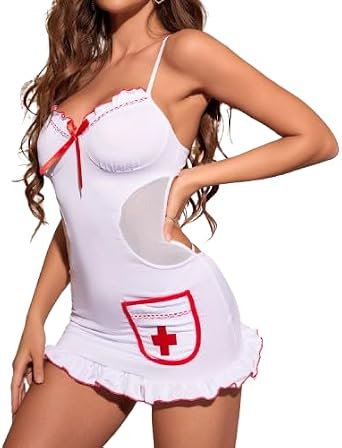 Sexy Nurse Costume for Women 4-Piece Lingerie Set with Mini Dress, G-String, Headband & Stethoscope, Perfect for Cosplay, Halloween, Date Nights & Lingerie Parties