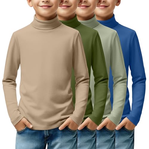 LessonZoo 4 Pack Boys Turtleneck Long Sleeve Shirts Elastic Solid Warm Basic Football Baseball Undershirt Base Layering Tops(Khaki, Grass Green, Light Green, Lake Blue,5-6 Years)