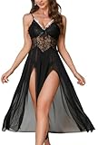 Ausing Negligee für Damen Sexy V-Ausschnitt Babydoll Lange Schlafkleid Lingerie Spaghetti Träger Kleid Sleepwear M