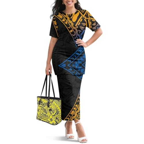 Image of Puletasi Samoan Traditional 2 Piece Outfits for Women Short Sleeve Crop Top and Maxi Skirt Sets Puletasi Dress