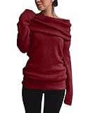 Material: Baumwolle gemischt Minetom Damen Herbst Winter Strick Off-Shoulder Sweatshirt Stretch Pullover Sweater Tunika (38, Z Weinrot)
