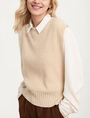 Image of Kwoki Women's Round Neck Sweater Vests Casual Loose Sleeveless High Low Hem Ribbed Knit Vest Top Trendy