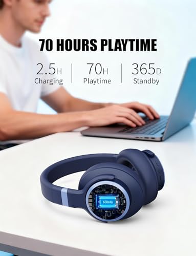 Image of KVIDIO Active Noise Cancelling Headphones, 70 Hours Playtime Bluetooth Headphones with Microphone, Transparency Mode, Deep Bass and Hi-Fi Stereo Sound (Blue)