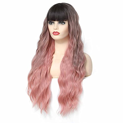 Body Wave Wig with Bangs (pink)