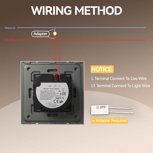 BSEED DimmSchalter für LED-Lampen, Touch Lichtschalter aus Glas, Non-wifi Schalter 700W 240V für eine perfekte Listimmungsvolle, 1 Fach 1 Weg Weiß