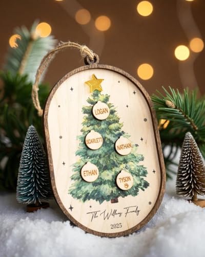 Personalized Family Christmas Ornament 2025 | Custom Wooden Christmas Tree Decoration with Engraved Names for 2,3,4,5,6,7,8,9,10 Members and Pets | Personalized Family Christmas Decorations for Tree