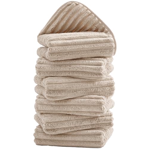 Image of 6 Pack Hand Towels, 16 inchx28 inch Microfiber Towels, Beige | Soft touch feel, quick dry, Highly Absorbent, hanging loop, lint free, durable for daily bathroom, gym, spa, kitchen use
