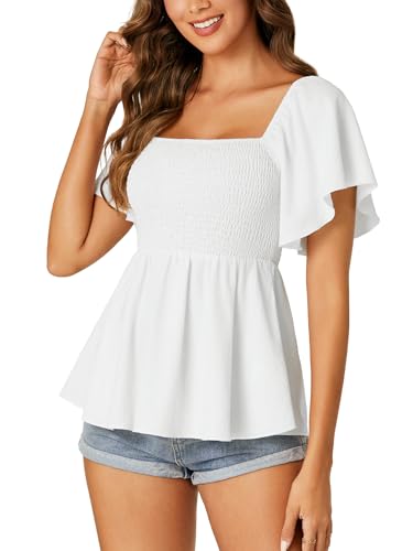LYANER Women's Square Neck Smocked Peplum Top Ruffle Short Sleeve Shirred Babydoll Blouse4