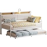 LIKIMIO Daybed with Trundle, Sturdy Metal Twin XL Size Bed Frame with Upholstered Headboard and Charging Station for Living Room, Bedroom and Guest Room, White
