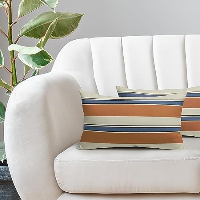 Orange Blue Striped Lumbar Pillow Covers 12x20 Set of 2 Boho Stripe Pattern Cream Decorative Throw Pillows Outdoor Modern Line Print Linen Long Cushion Case with Zipper Decor for Sofa Couch Bed