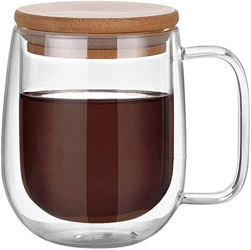 Double Wall Thermal Insulated Mug for Drinking Tea,Coffee,Espresso,Juice,Wine,Latte, Cappuccino Stackable Glass Cup with Handle 250 ML Each with Bamboo lid. (Pack of 1)