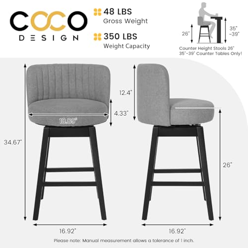 Image of COCO DESIGN Swivel Bar Stools Set of 6, 26 inch Counter Height Mid Century Modern Barstools with Back, Linen Upholstered Seat and Solid Wood Legs, for Bar Kitchen Island, Smoke Gray