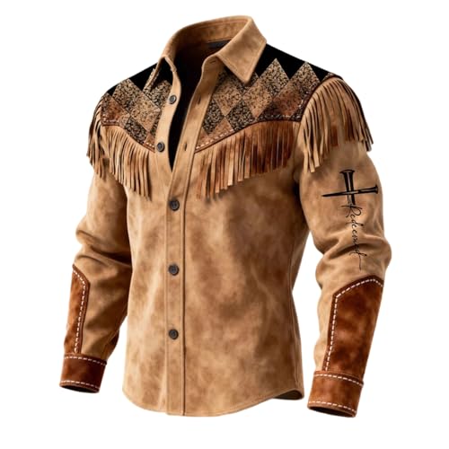 Chemise western homme marron à franges et broderies ethniques cowboy