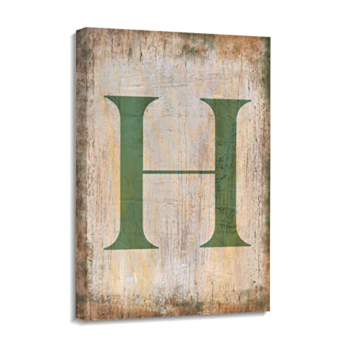 Toile murale haut de gamme lettre H Yelolyio cadre vintage beige texture bois noble