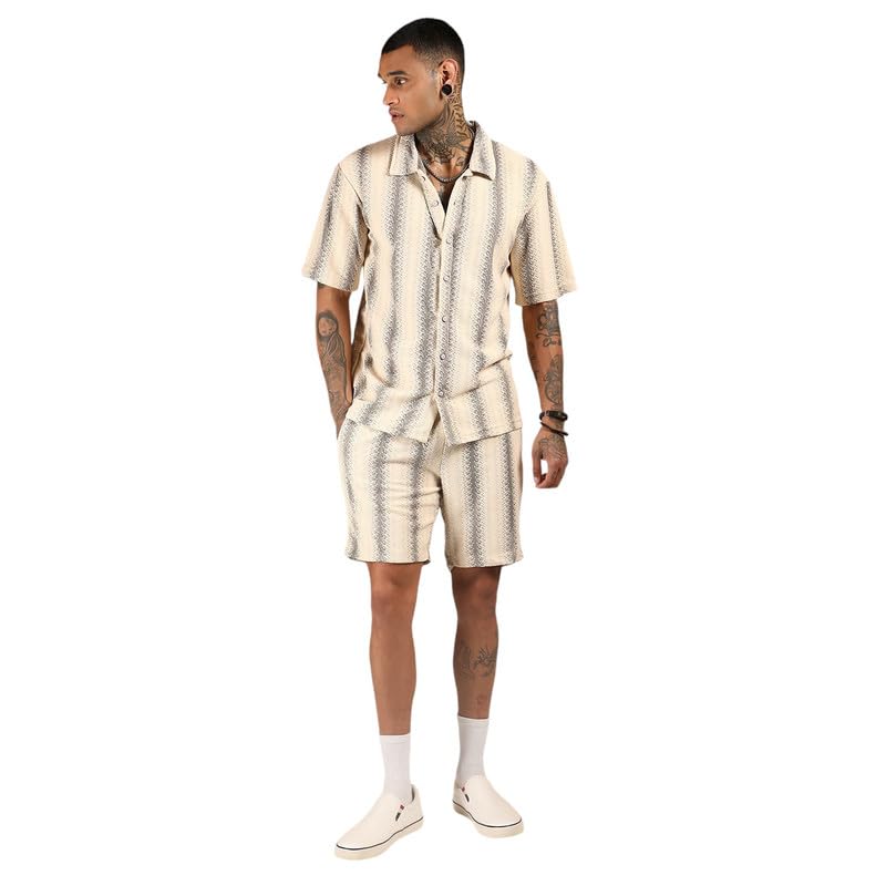 Cotton Blend Men's Ivory White & Midnight Black Texture-Striped Co-Ord Set For Casual Wear|Spread Collar|Short Sleeve|Button Closure|Crafted With Comfort Fit For Everyday Wear,Beige-image-27