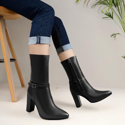 Image of Women's 3.5 Inch Block Heel Height, Classic Leather-Stylish Mid Calf (Half Boot) Buckle Boots