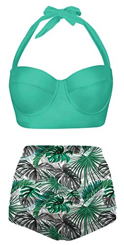 Angerella Tropical Leaves Summer Seamless Pattern Swimsuits Two Piece Bathing Suit High Waisted