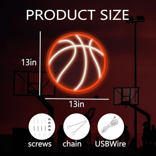 Image of Basketball Neon Sign 13x13 Inch Powered by USB with Dimmer Switch Basketball Shop Led Neon Light Teen Kids Gift Fans Sport Room Bedroom Man Cave Decor for Boys Players Gifts