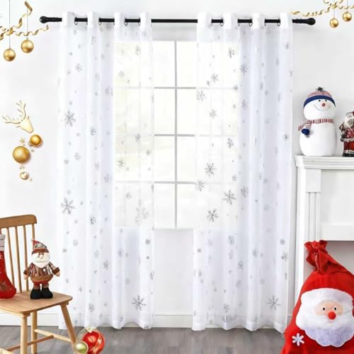 youleyar Snowflake Christmas Sheer Curtains Luxury Silver Foil Print Voile Sheer Curtains Metallic Bronzing Treatment Pair for Holiday Window Decoration Living Room Set of 2 Panels White 52Wx63L