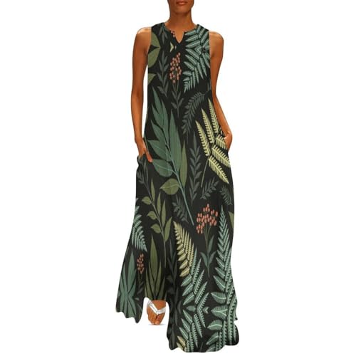 Robe longue grande taille col en V motif fougère noire