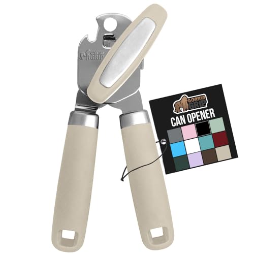 GORILLA GRIP Heavy Duty Stainless Steel Smooth Edge Manual Can Opener and Bottle Openers, Soft Comfortable Handle, Oversized Handheld Turn Knob, US Designed Multifunctional Kitchen Tool, Almond