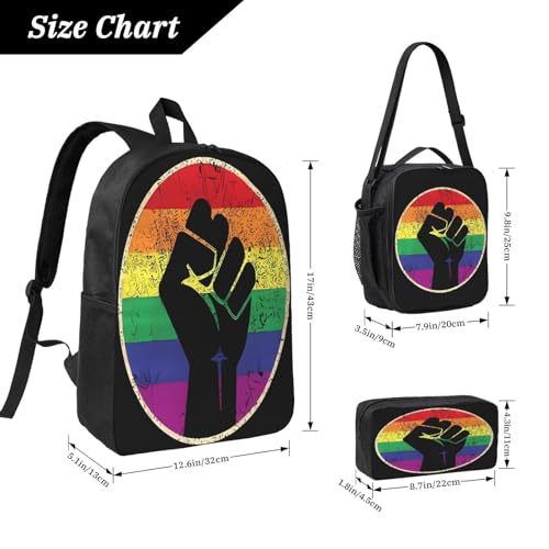 LGBT Rainbow Gay Pride Flag Hands clenched fist support 17 Inch Backpack Sets Lunch Bag Lightweight Daypack for Men Women 3Pcs2