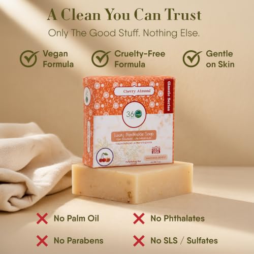 Image of 360Feel Handmade Castile Soap - Cherry Almond Soap, 5 oz, 4-Pack | Soothing Scent, Rich Lather, Handmade with Essential Oils - Suitable Gift for Anniversaries, Weddings & Holiday Stockings