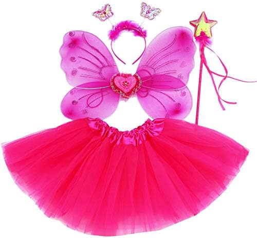 Fun Play Fairy Costume Fancy dress up for girls Butterfly Wings, Tutu, Magic Wand and Headband set- butterfly costumes angel wings for 3-8 year years girls Hot Pink Colour