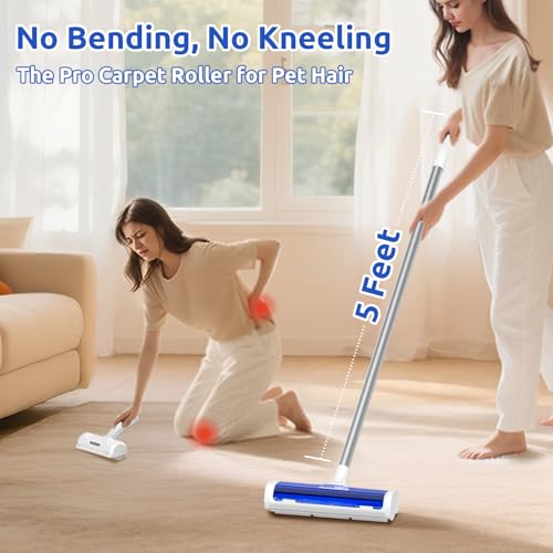 ACE2ACE Carpet Roller for Pet Hair, Self-Collected Pet Hair Removal Tool, Reusable Carpets Rake, 5 Feet Long Handle No Bending No Kneeling, Cat Dog Hair Remover for Carpet, Rugs, Mats, Blue by ACE2ACE - Image 2