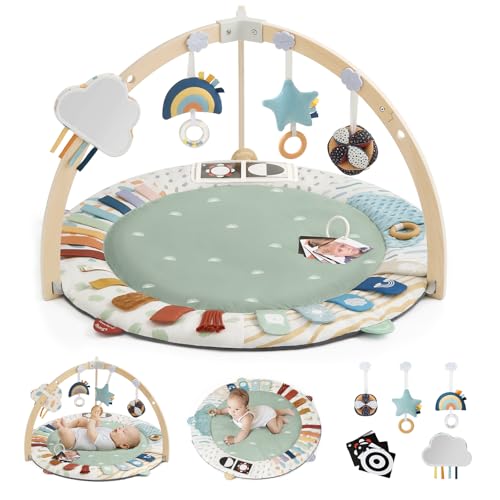 Image of Blissful Diary Baby Play Gym & Activity Mat, 5 Developmental Zones Wooden Tummy Time Mat with 6 Detachable Sensory Toys for Motor Skills & Sensory Development, Baby Essentials Shower Gift, Green