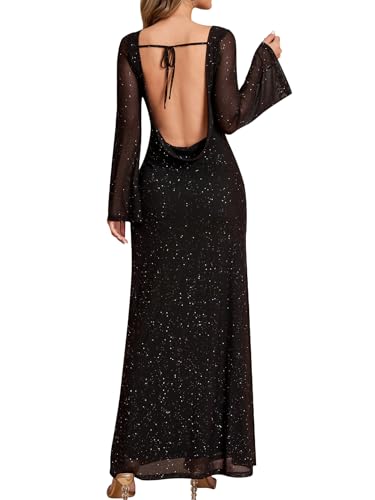 EYNMIN Sparkly Sequin Long Sleeve Maxi Dress Backless Tie Bodycon Mesh 2025 Fall Formal Wedding Guest Dresses for Women
