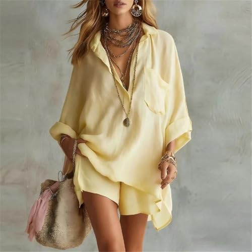Ensemble 2 pièces sexy short taille haute et chemise col rabattu mode été femme