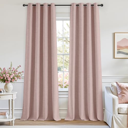 Image of HOMEIDEAS 100% Blush Pink Linen Blackout Curtains for Bedroom, 52 x 96 Inch Length 2 Panels Faux Linen Thermal Insulated Black Out Grommet Window Drapes for Living Preppy Room Decor，Nursery