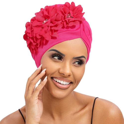 Wosois Headwrap Hair Turbans African Turban Flower Pearl Crystal Twisted Head Turban for Women Fashion (Rose)