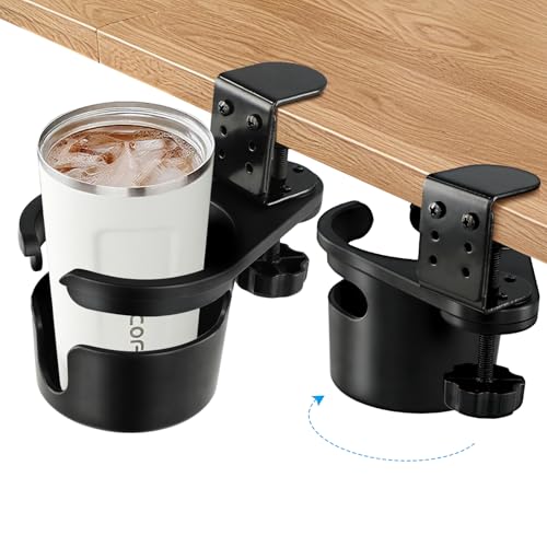 ColorMood Upgraded Deeper Desk Cup Holder with 360° Rotation, Clamp Mount Design, Metal Office & PC Gaming Desk Accessories,Hidden Adjustable Drink Holder for Arm Chair,Coffee Cup