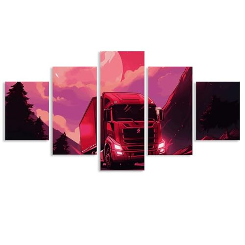 Peintures sur toile encadrées lune rouge art mural moderne 5 panneaux