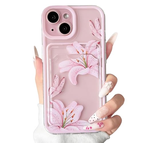 NITITOP Compatible with iPhone 15 Case with Card Holder Clear Cute Lily Floral Flowers Butterfly for Women Girls Soft TPU Color Frame Shockproof Wallet Protective Cover - Pink