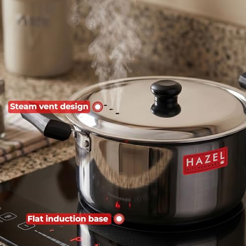 Image of HAZEL Stainless Steel Casserole with Lid, 3 Litre, 19.3 cm | Flat Bottom Patila, Cool Touch Handles, Milk Tope for Induction Cooktop & Gas, Steel Bhagona