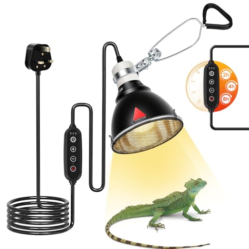 Vutlace Reptile Heat Lamp Tortoise Heat Lamp with Timer 150W E27 Infrared Reptile Heat Lamp with 2/4/8 Timer Terrarium Hood lamp for Reptile Tortoise Beard Dragon(Without Bulb)