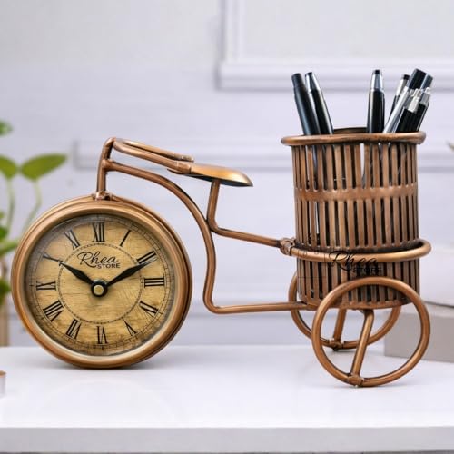 Image of Golden Cycle Pen Stand with Clock for Table Decoratoin, Elegant Desk Organizer, Bicycle Design, Handcrafted Metal Pen Holder with a Luxurious Gold Finish