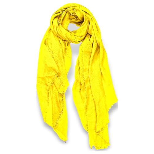 guiyal Cotton Blend Crinkle Vintage Soft Scarf with Fringed Edges,linen scarf,shawl,travel scarf，Bright Yellow