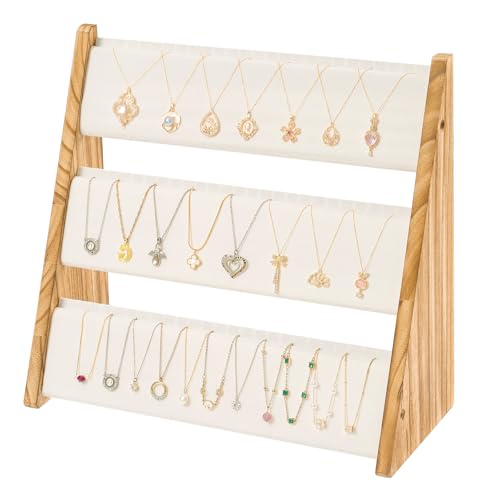 Emfogo 3-Tier Necklace Organizer with Soft Velvet, Jewelry Organizer Stand Necklace Holder, Wood Jewelry Display Stand for Selling 72 Necklaces Bracelets (Brown & White) by Emfogo - Used condition - CA$25.80